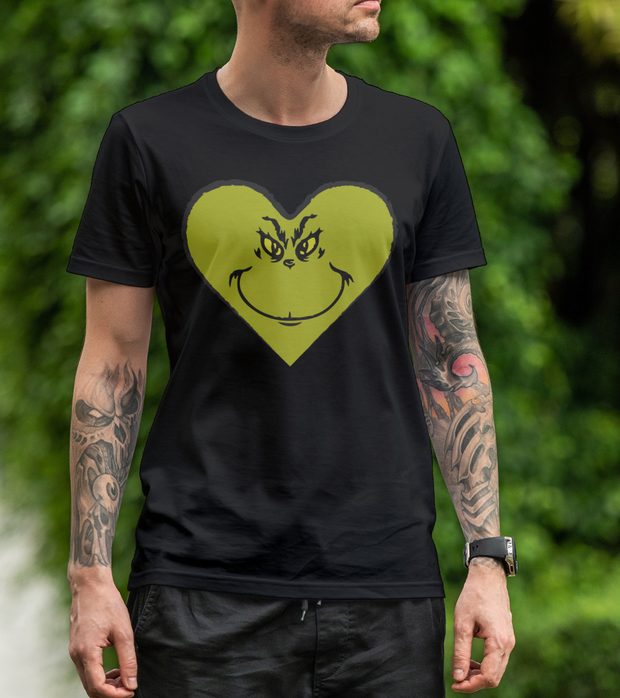 Grinch Heart Face Silhouette In Olive Green T-Shirt