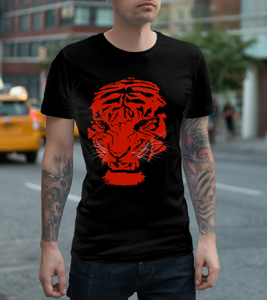 Vibrant Red Tiger Face Black Background Fierce Expression T-Shirt