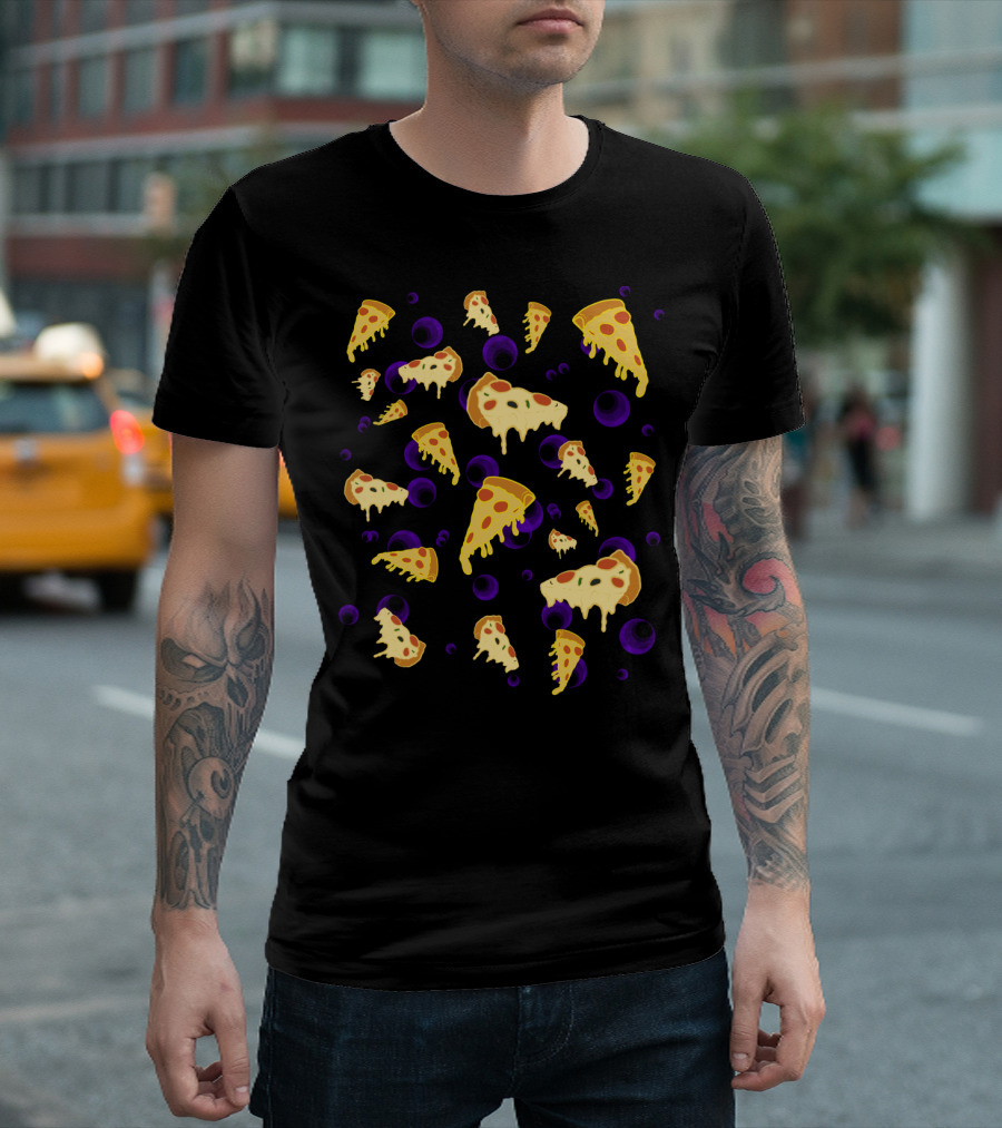 Cheesy Pizza Slices Floating Among Purple Bubbles T-Shirt
