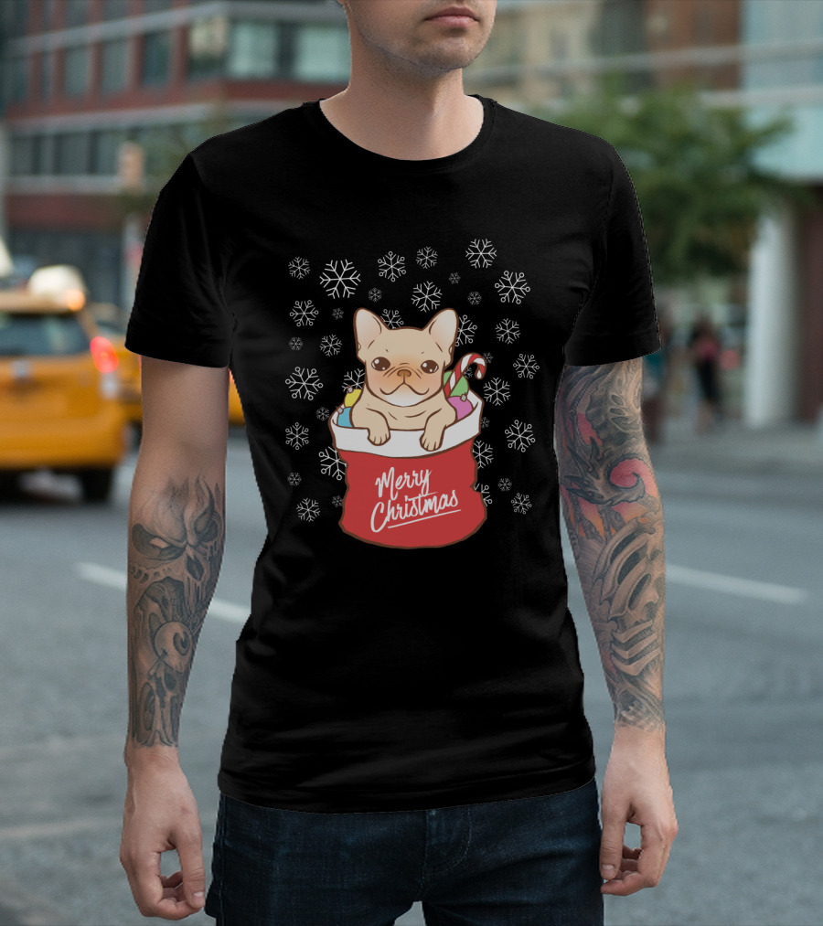 Merry Christmas Frenchie Puppy in Holiday Stocking with Candy Cane and Snowflakes T-Shirt