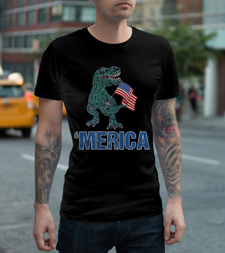 Merica T-Rex Holding American Flag Independence Day T-Shirt