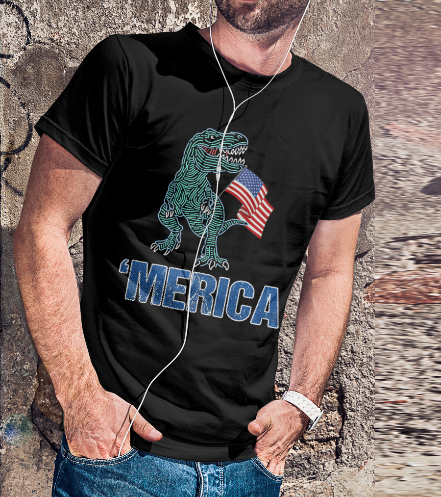 Merica T-Rex Holding American Flag Independence Day T-Shirt