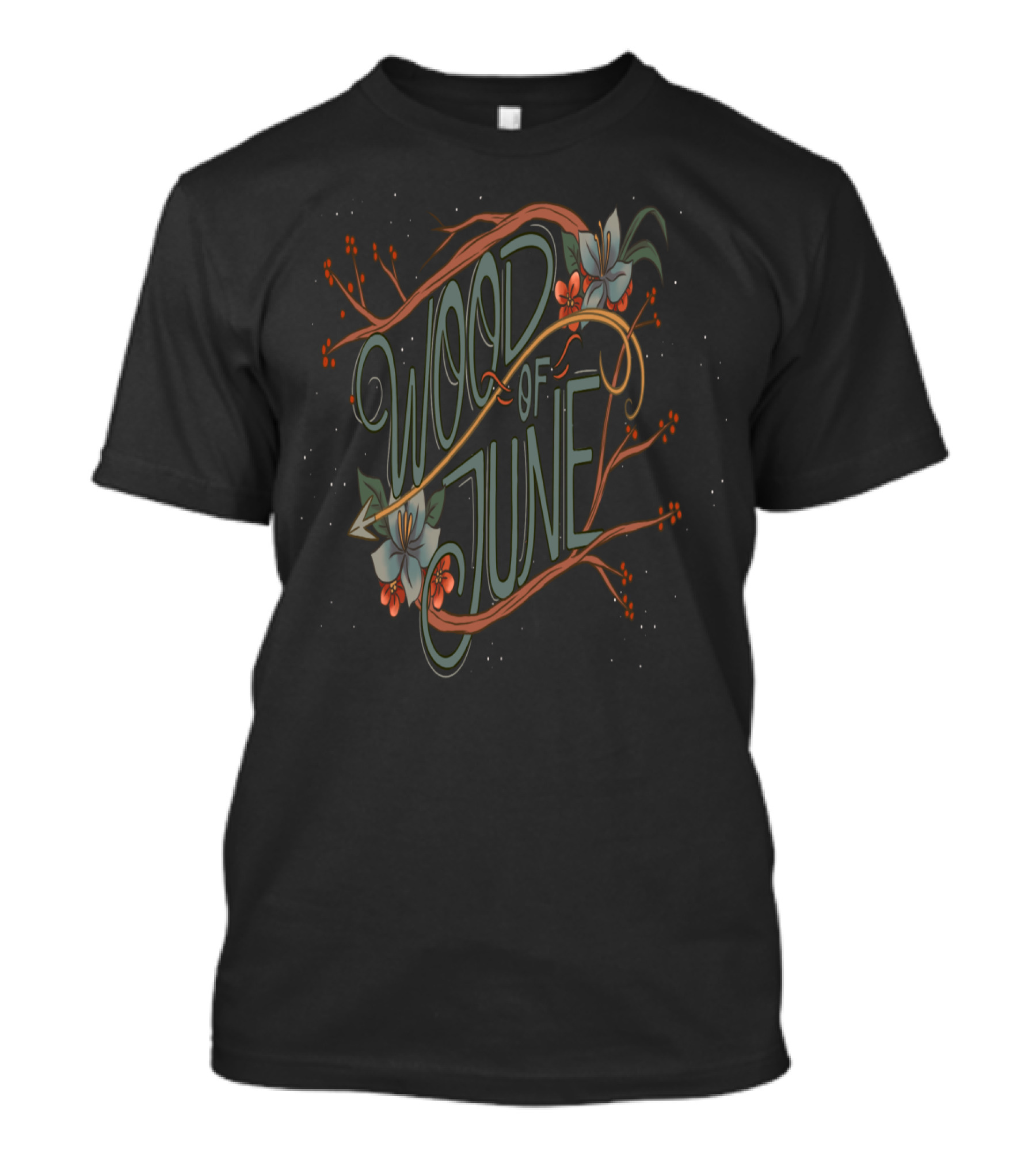 Wood Of June Floral Branch Lettering With Delicate Blooms T-Shirt