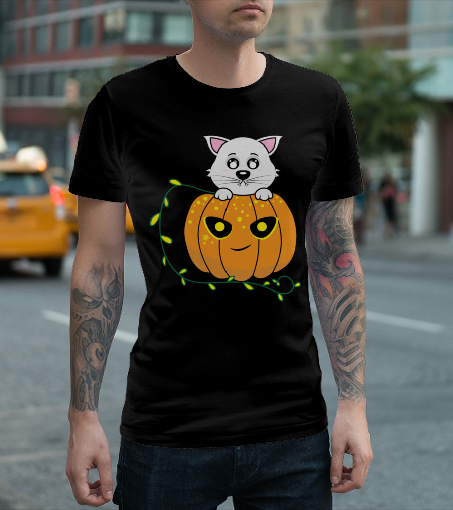 White Kitten on Glowing Pumpkin Cartoon with Leafy Vine T-Shirt