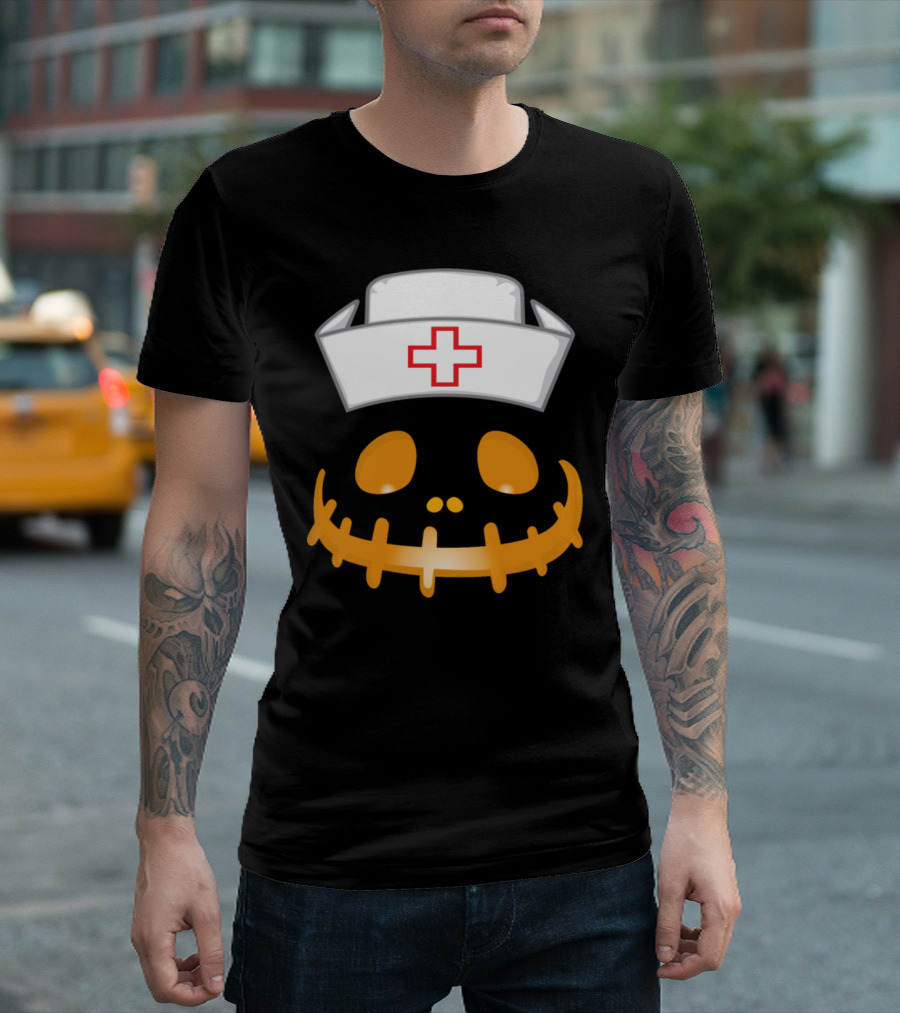 Nurse Pumpkin Face with Halloween Skeleton Mouth and Nurse Cap T-Shirt
