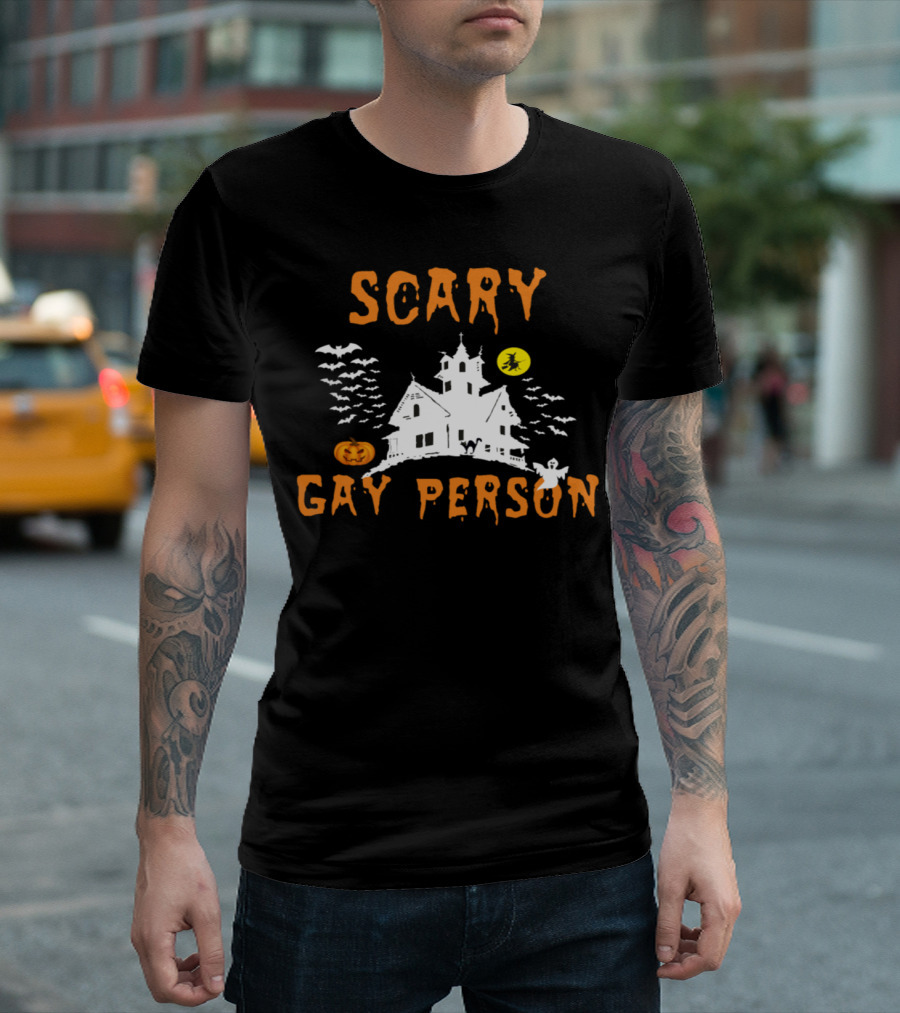 Scary Gay Person Haunted House Halloween Bats Pumpkin Ghost Moon T-Shirt