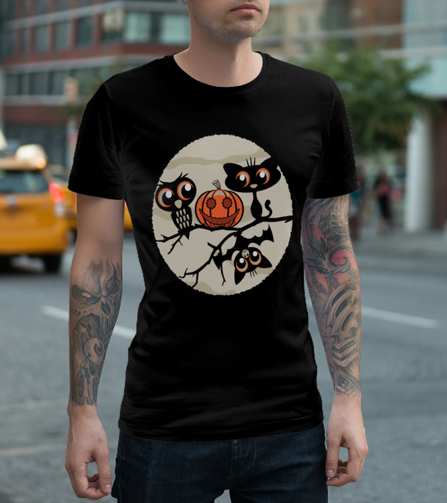 Cartoon Owls Cats and Bats Gathered Around Pumpkin T-Shirt