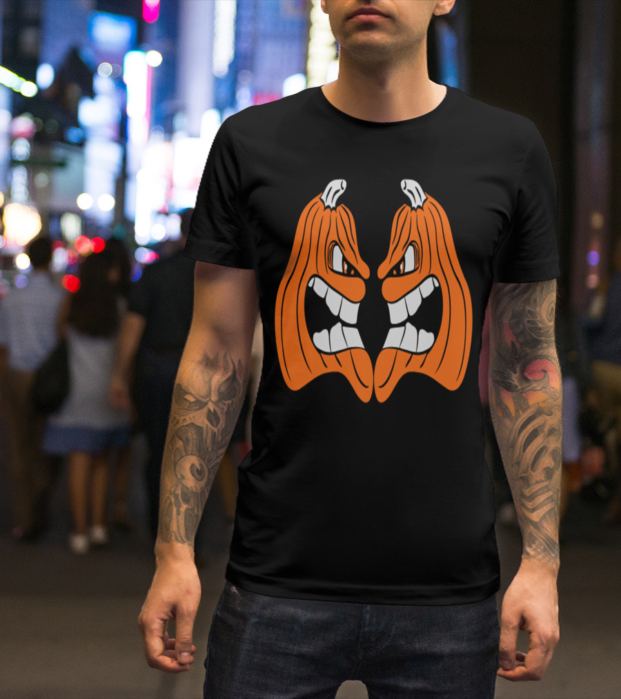 Two Angry Halloween Pumpkins Scowling Face To Face T-Shirt