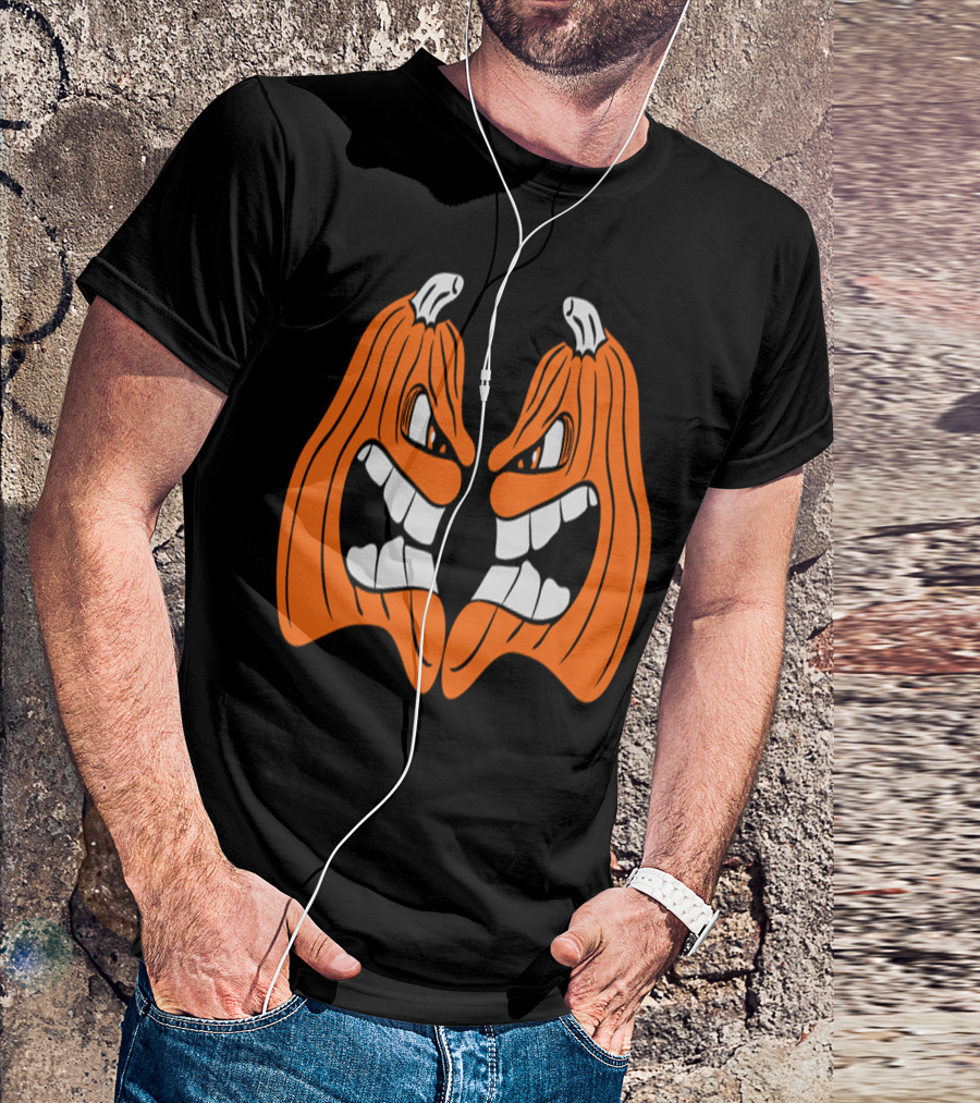 Two Angry Halloween Pumpkins Scowling Face To Face T-Shirt