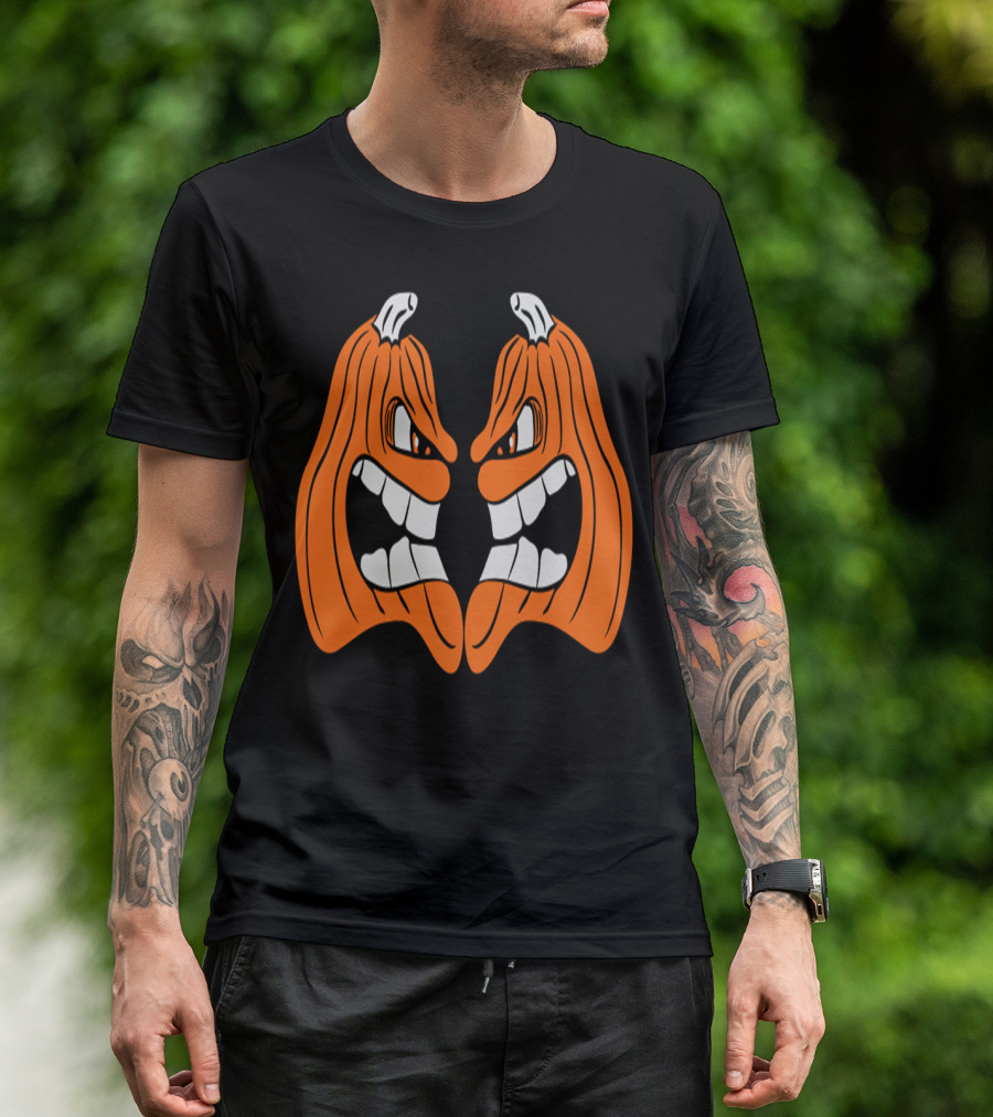 Two Angry Halloween Pumpkins Scowling Face To Face T-Shirt