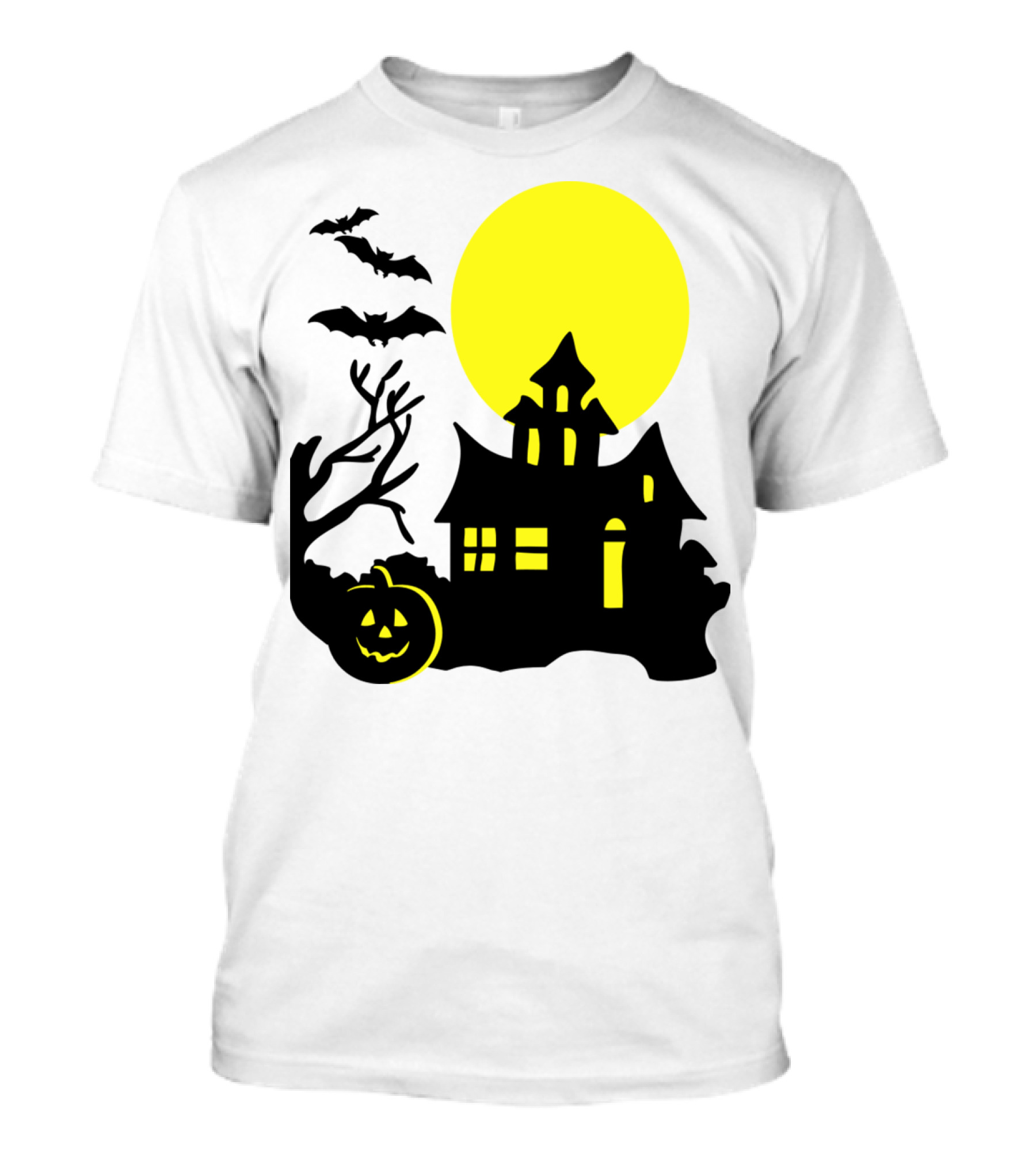 Halloween Pumpkin Bat Haunted House Silhouette Full Moon Scene T-Shirt