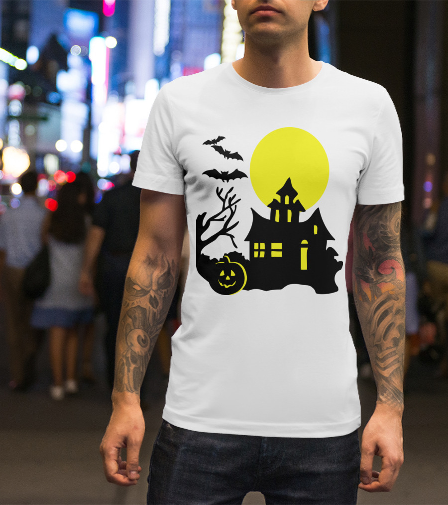 Halloween Pumpkin Bat Haunted House Silhouette Full Moon Scene T-Shirt