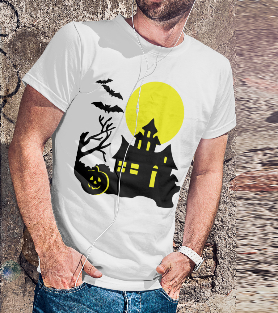 Halloween Pumpkin Bat Haunted House Silhouette Full Moon Scene T-Shirt