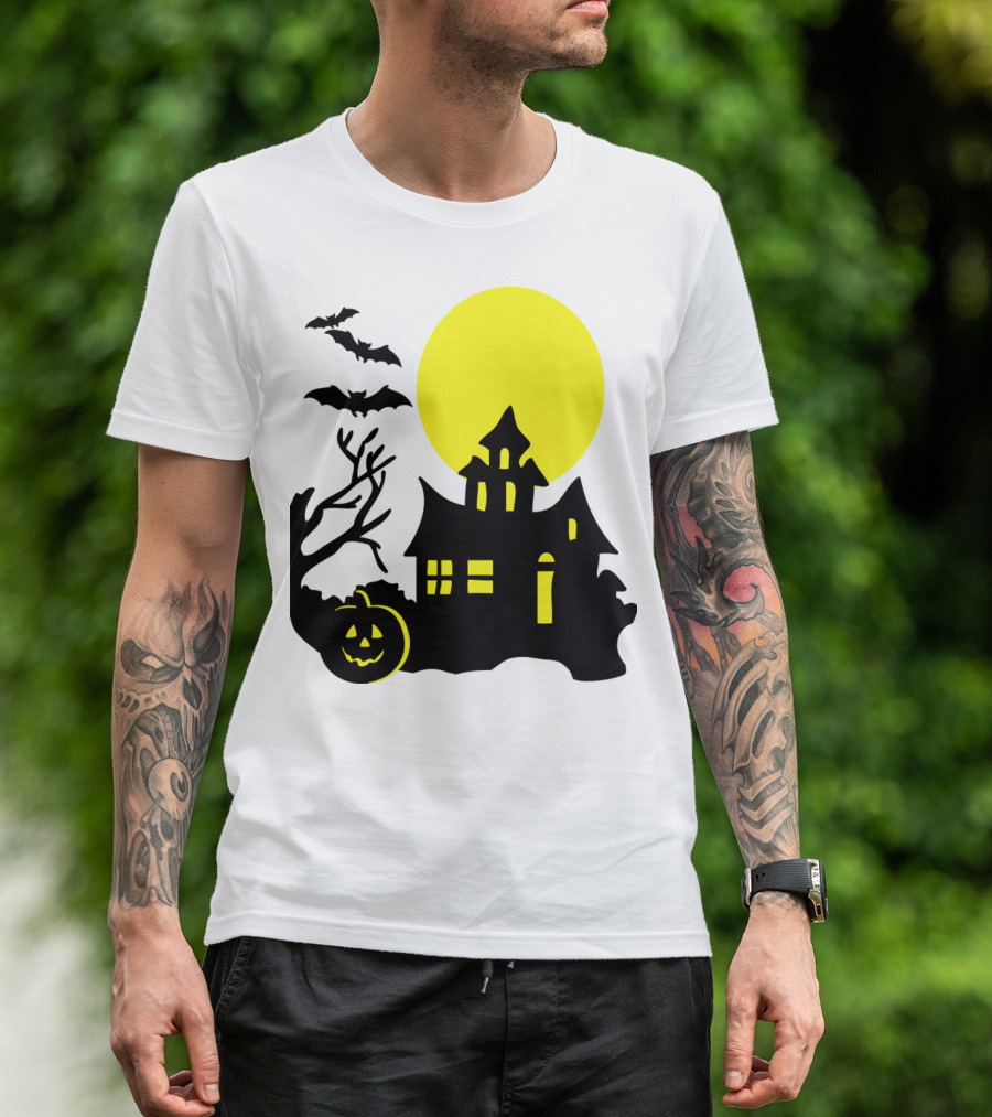 Halloween Pumpkin Bat Haunted House Silhouette Full Moon Scene T-Shirt