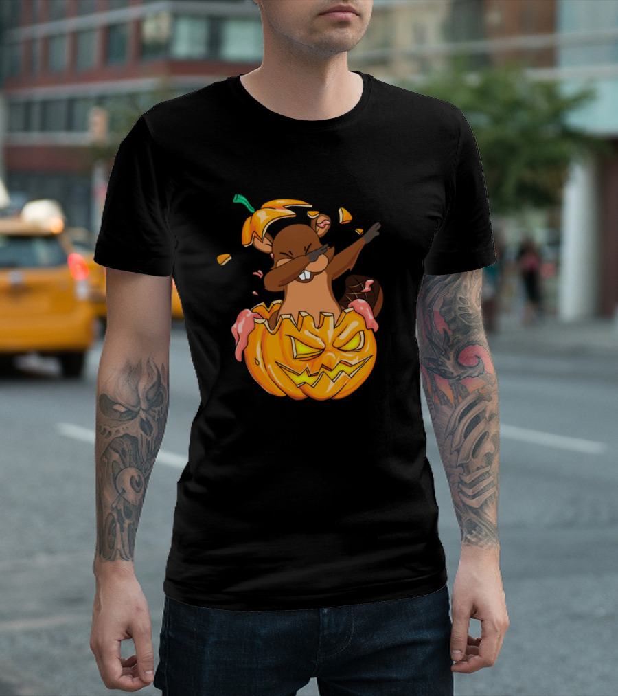 Beaver Dabbing Pumpkin Jack-O'-Lantern Halloween Dab T-Shirt
