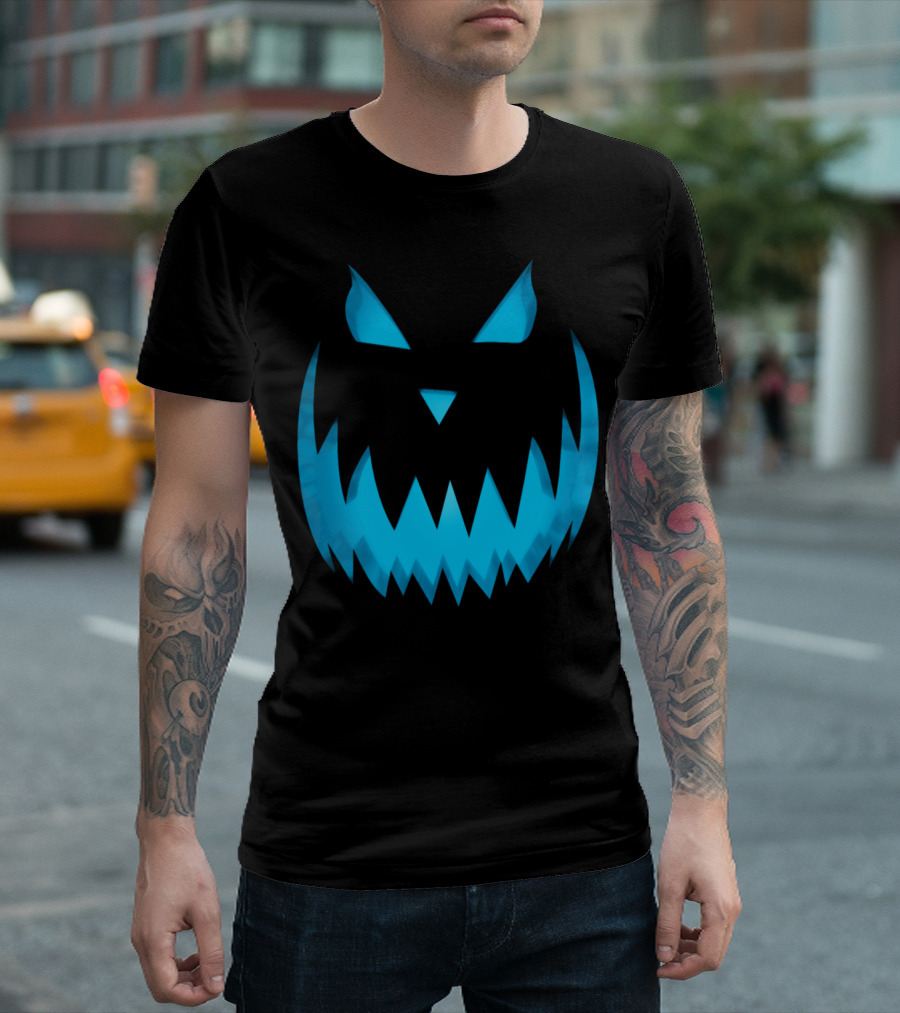 Halloween Scary Evil Blue Glow Pumpkin Face Jack O Lantern T-Shirt
