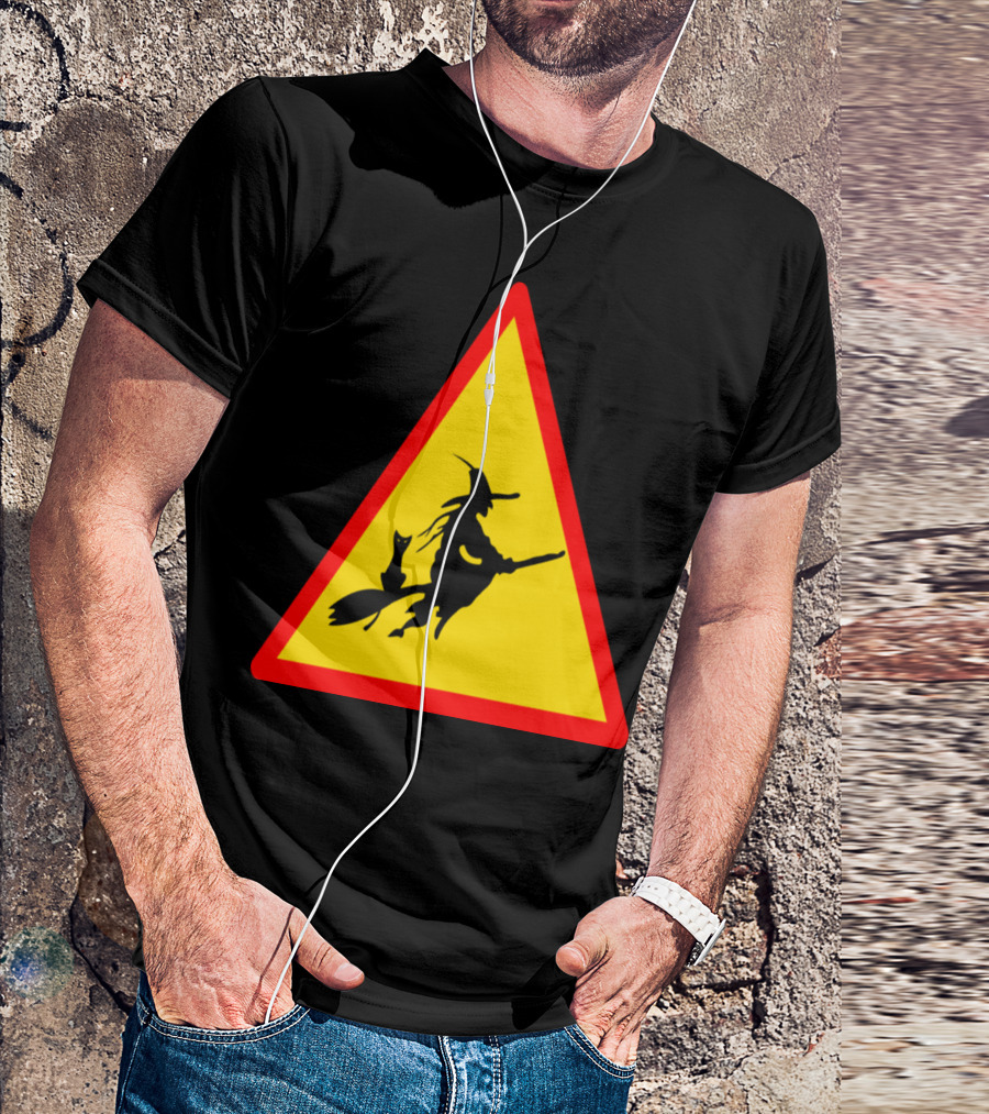 Witches Witch Hexen Hexe Broomstick Cat Triangle Warning Sign T-Shirt