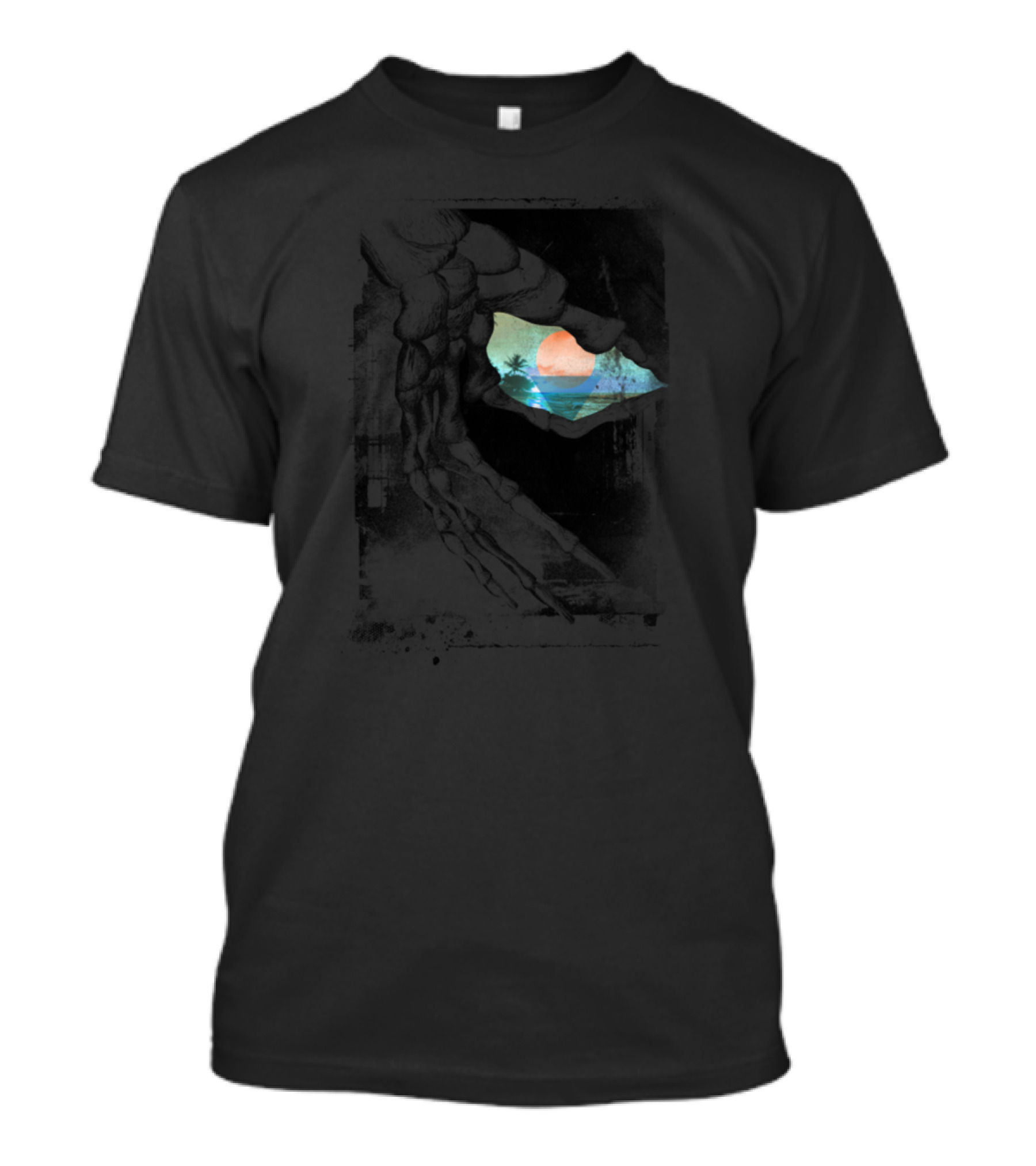 Tropical Skeleton Hand Sunset Beach Scene T-Shirt