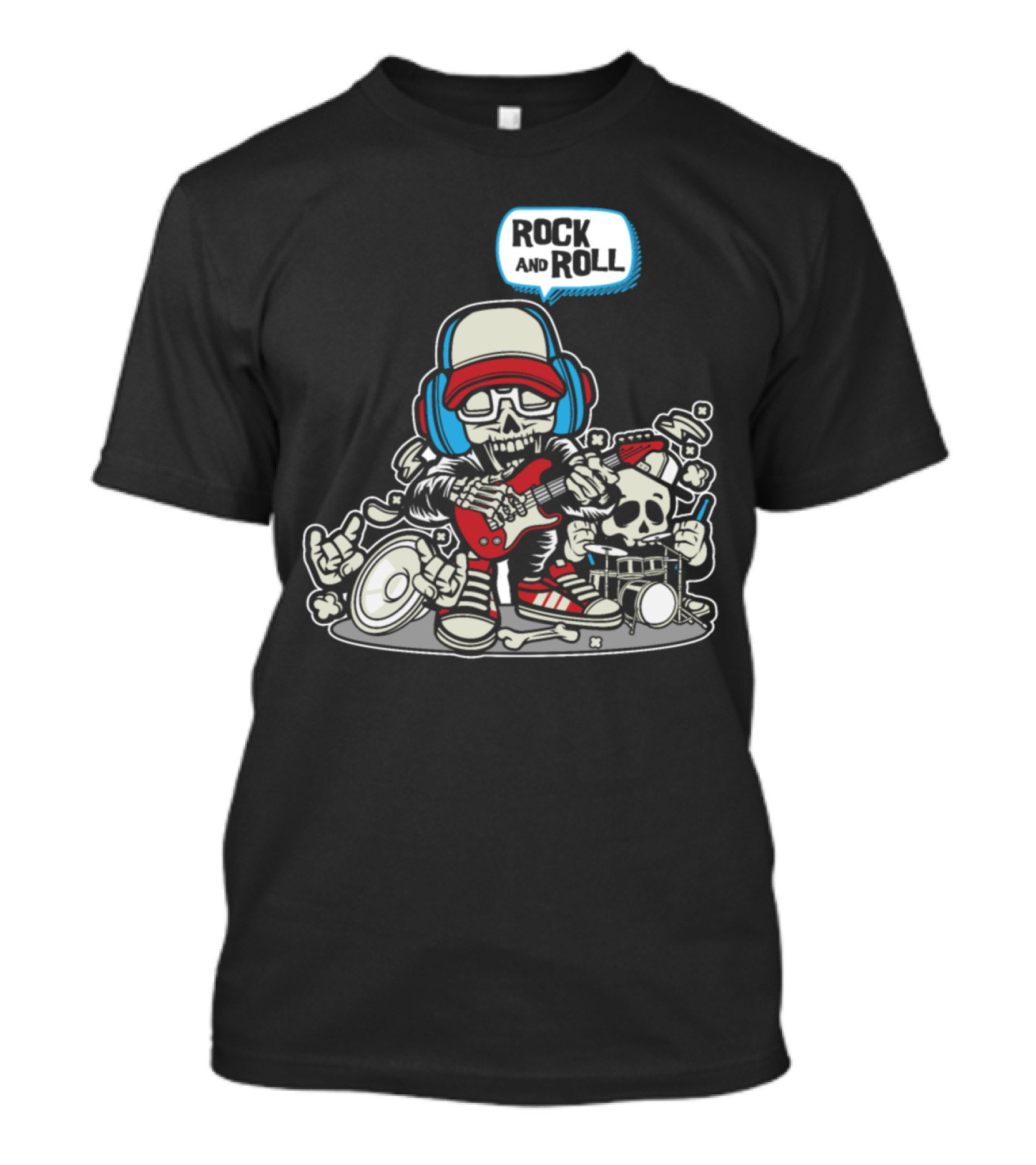 Rock And Roll Skeleton Playing Guitar With Drums And Headphones T-Shirt