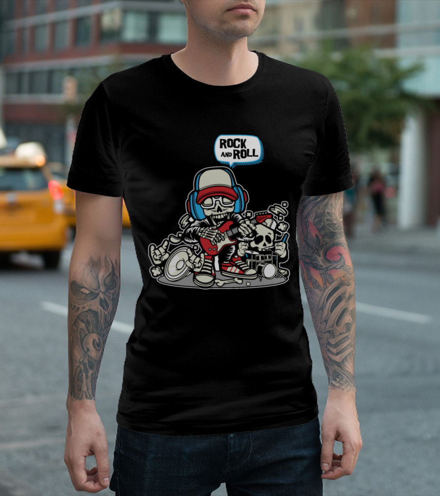 Rock And Roll Skeleton Playing Guitar With Drums And Headphones T-Shirt