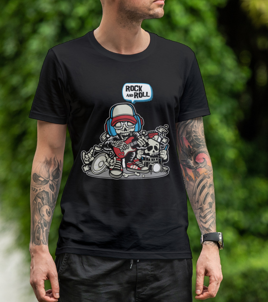 Rock And Roll Skeleton Playing Guitar With Drums And Headphones T-Shirt