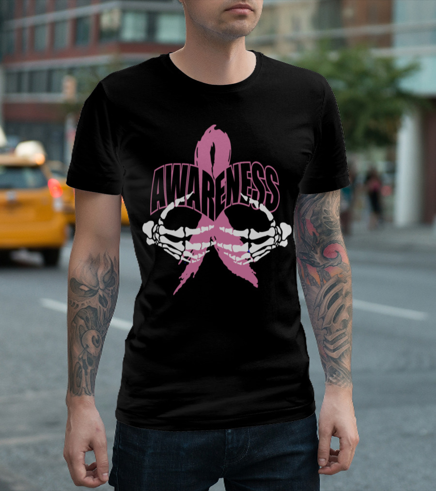 Awareness Skeleton Hands Pink Ribbon Breast Cancer Halloween Scary T-Shirt