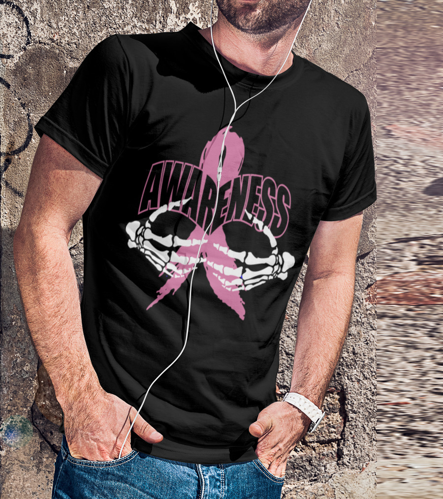 Awareness Skeleton Hands Pink Ribbon Breast Cancer Halloween Scary T-Shirt