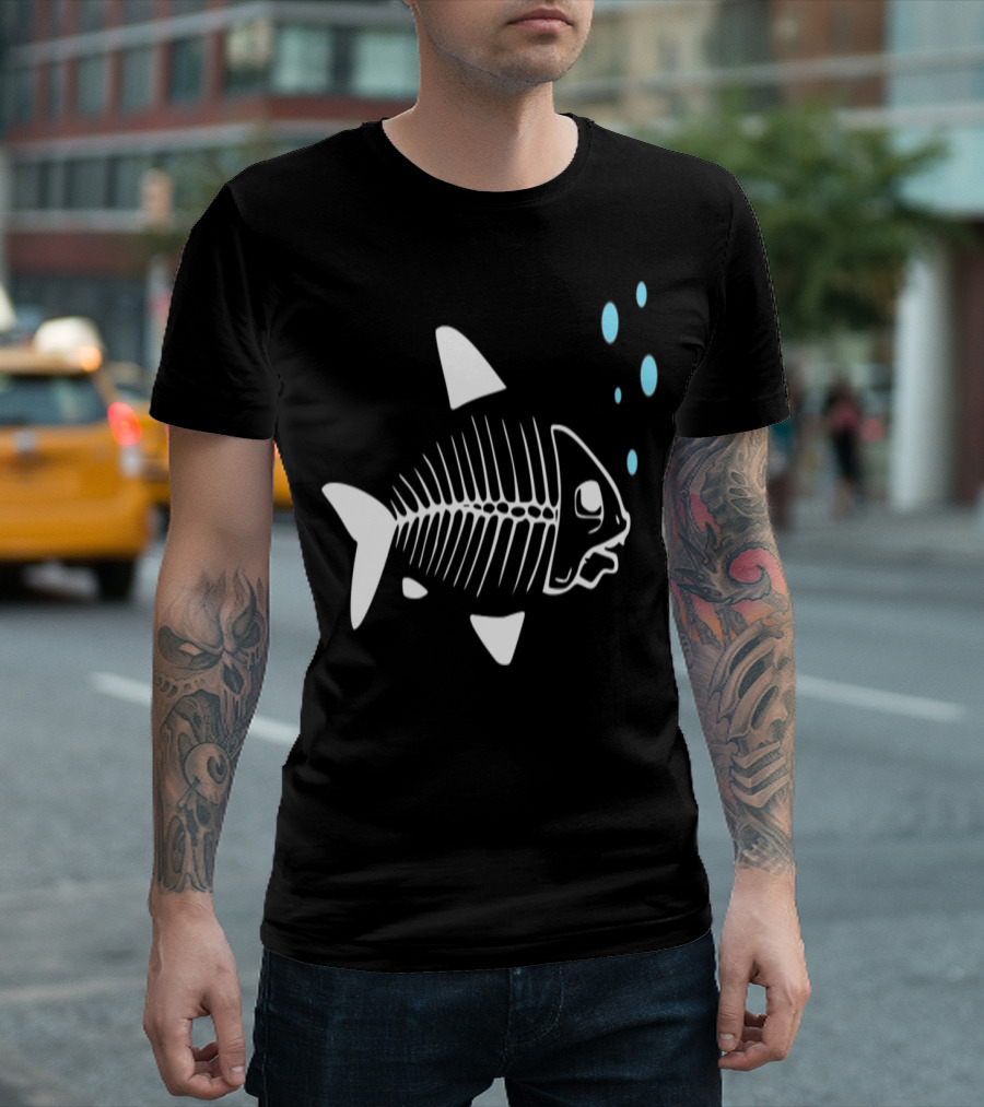 Fish Skeleton Black Design With Bubbles T-Shirt