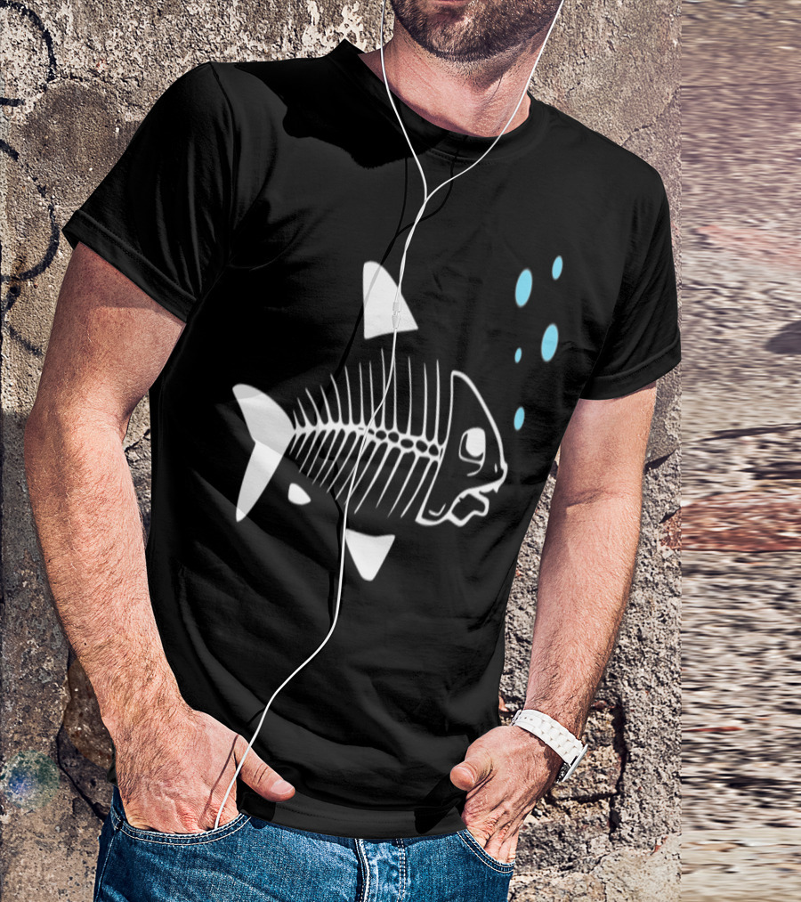 Fish Skeleton Black Design With Bubbles T-Shirt