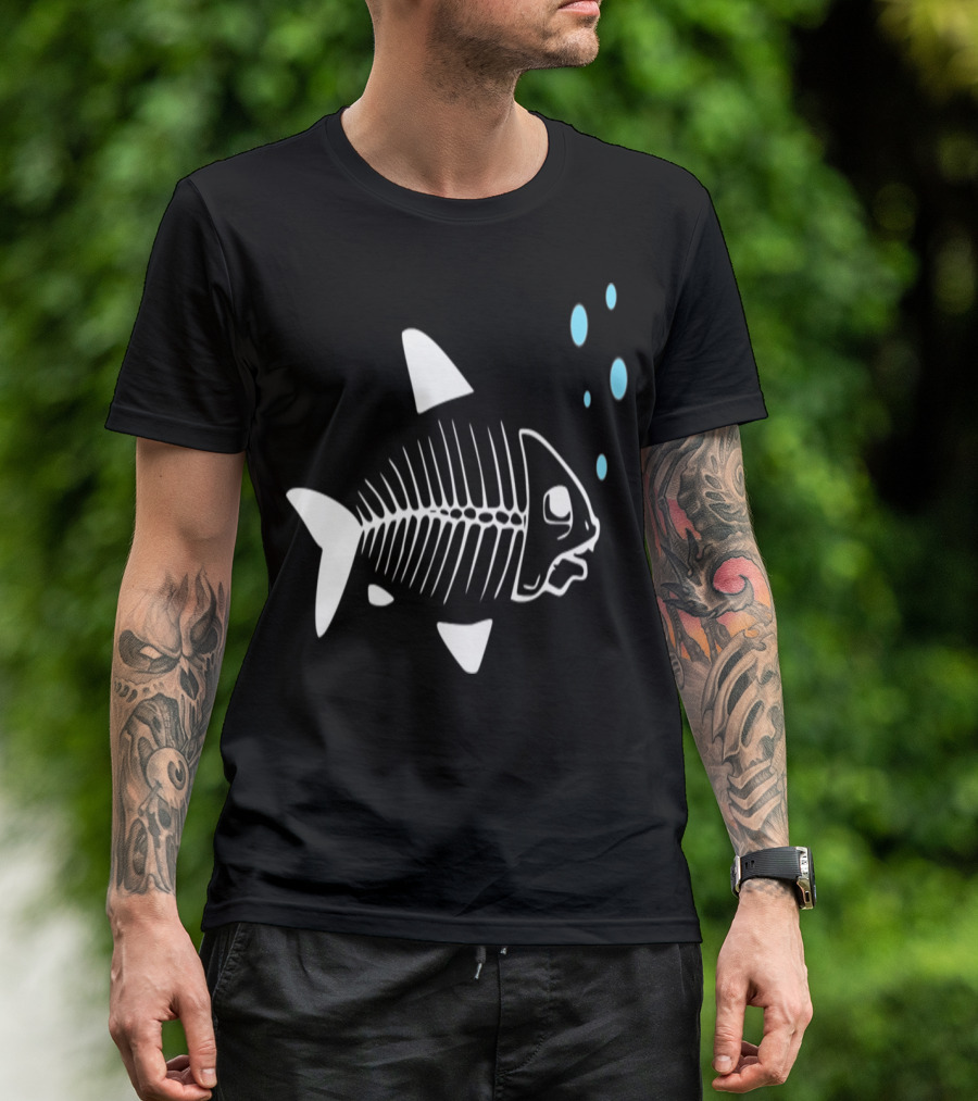 Fish Skeleton Black Design With Bubbles T-Shirt