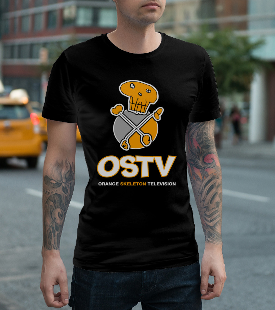 OSTV Orange Skeleton Television Skull and Crossbones T-Shirt