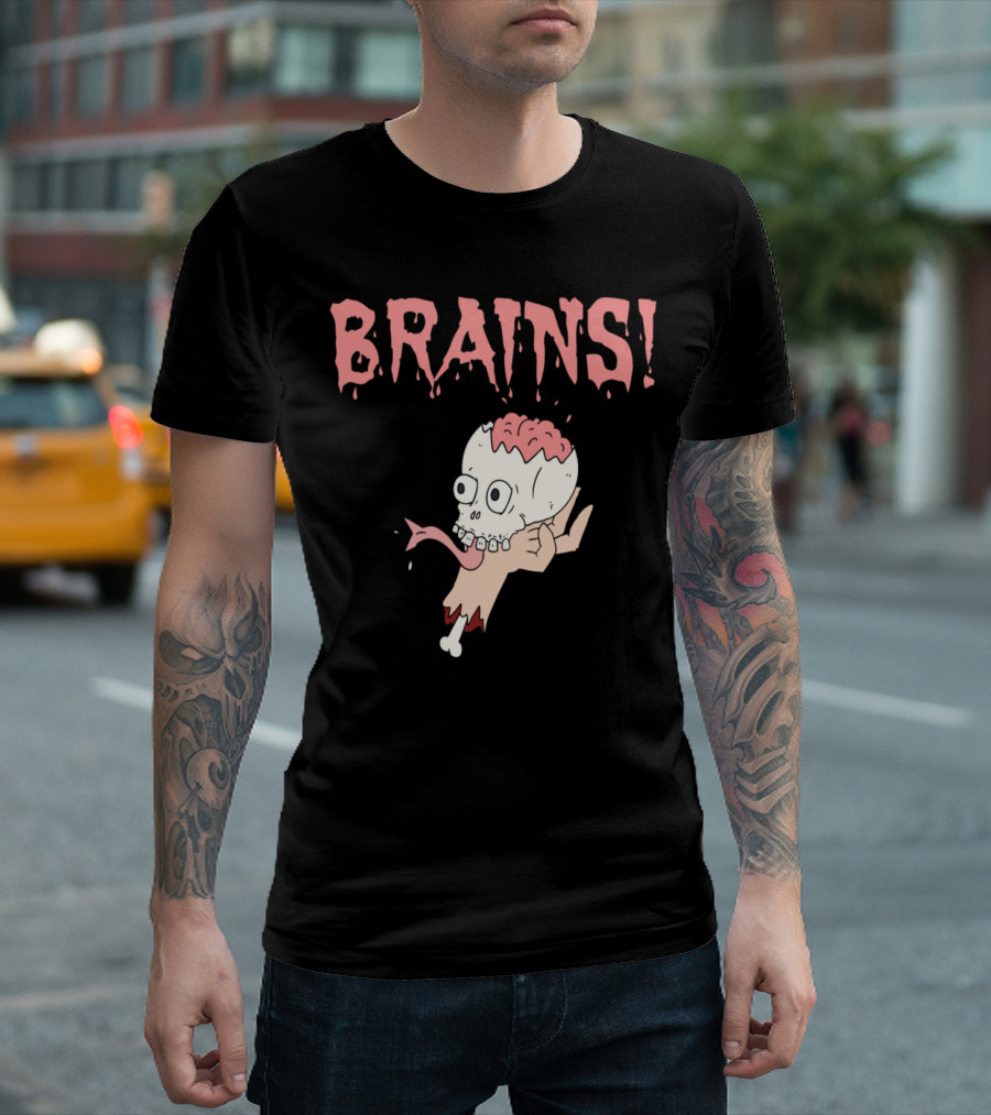 BRAINS Scary Skull Skeleton T-Shirt
