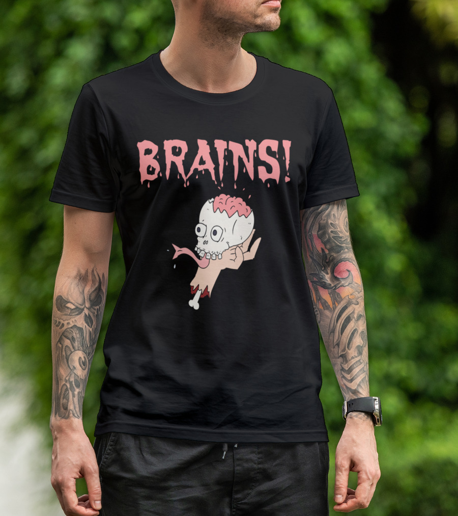 BRAINS Scary Skull Skeleton T-Shirt