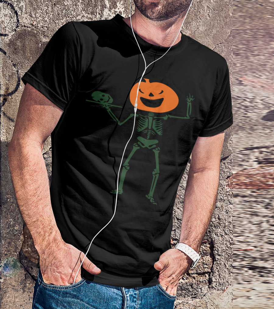 Skeleton Jack O Lantern Pumpkin Head Holding Skull T-Shirt