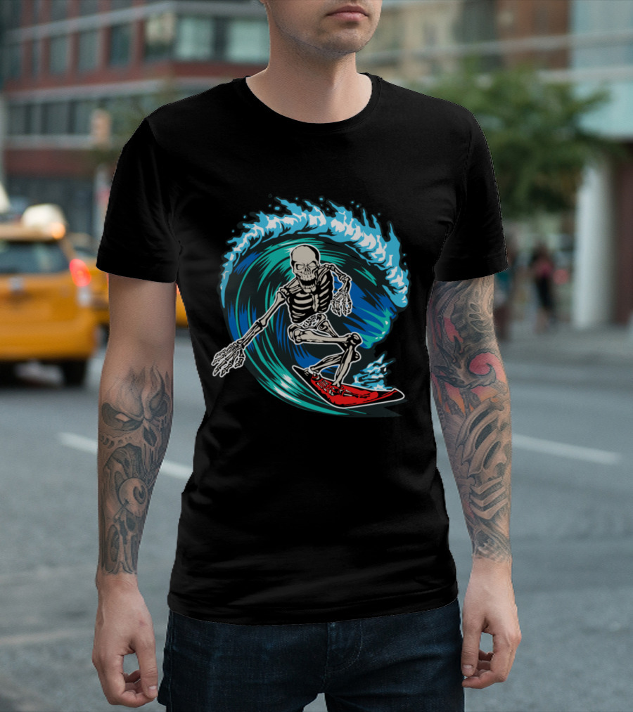 Skeleton Surfer Riding Ocean Wave on Red Surfboard T-Shirt