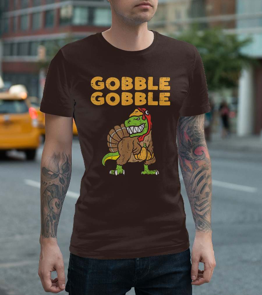 Gobble Gobble T-Rex Dinosaur Turkey Holding Pumpkin T-Shirt