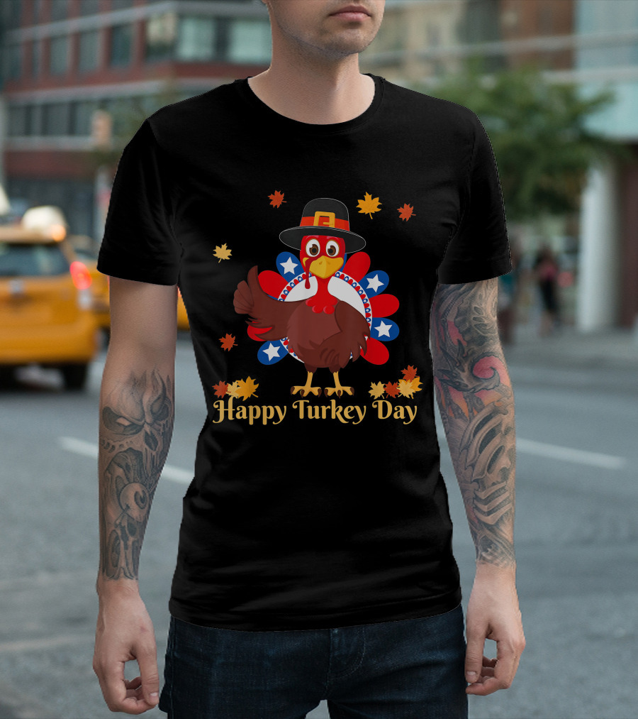Happy Turkey Day Retro Thanksgiving USA Flag T-Shirt