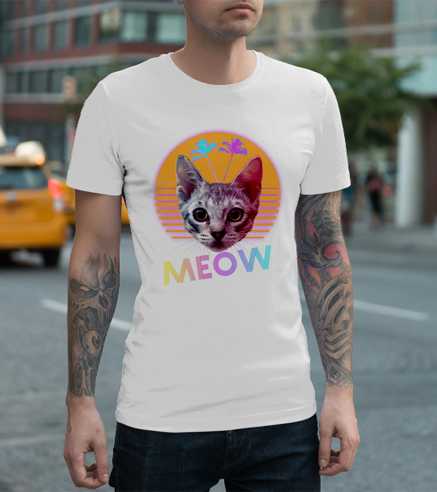 Retro Meow Cat with Palm Trees and Sunset Stripes T-Shirt