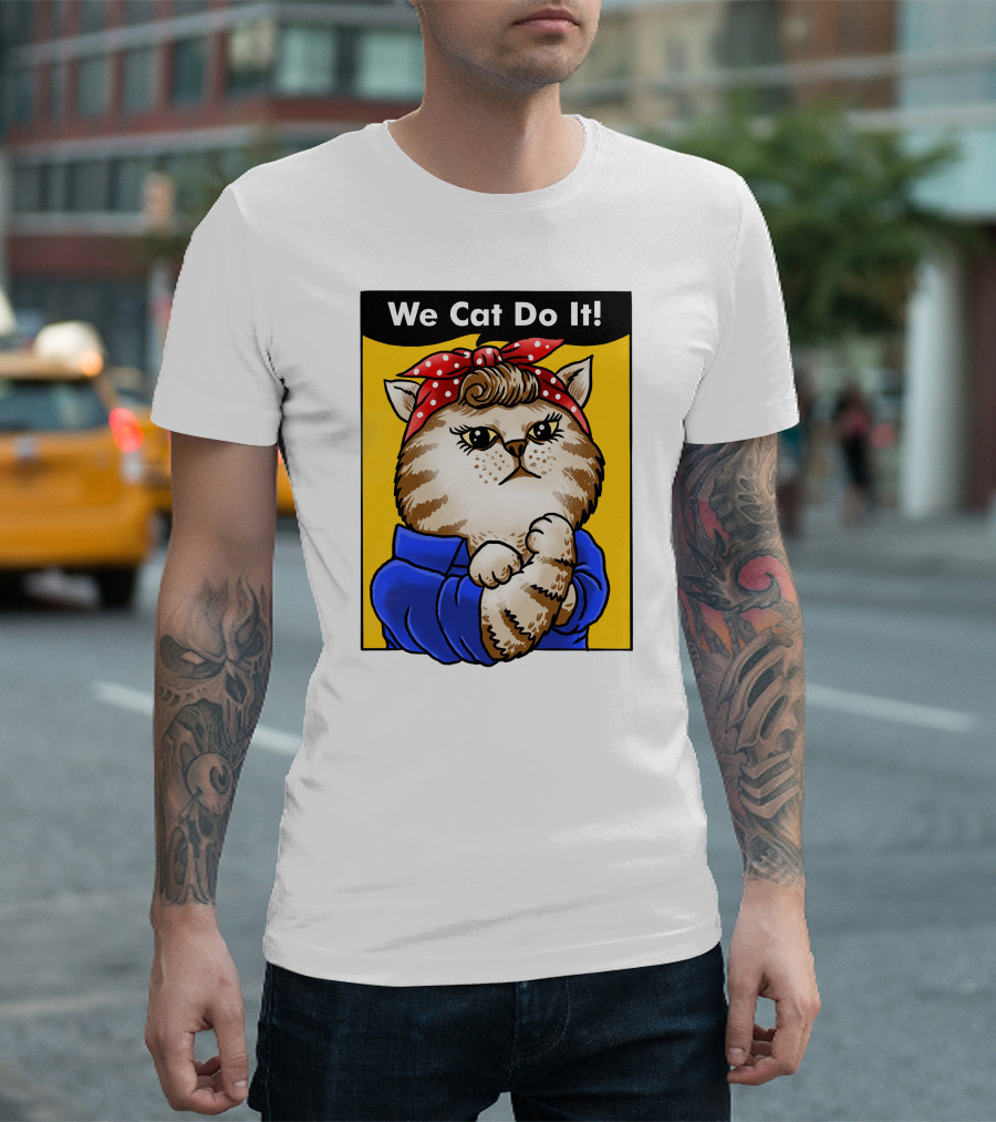 We Cat Do It Humorous Cat with Red Polka Dot Bandana and Blue T-Shirt