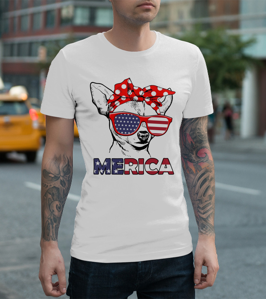 Chihuahua Merica USA Patriotic Glasses And Bandana T-Shirt