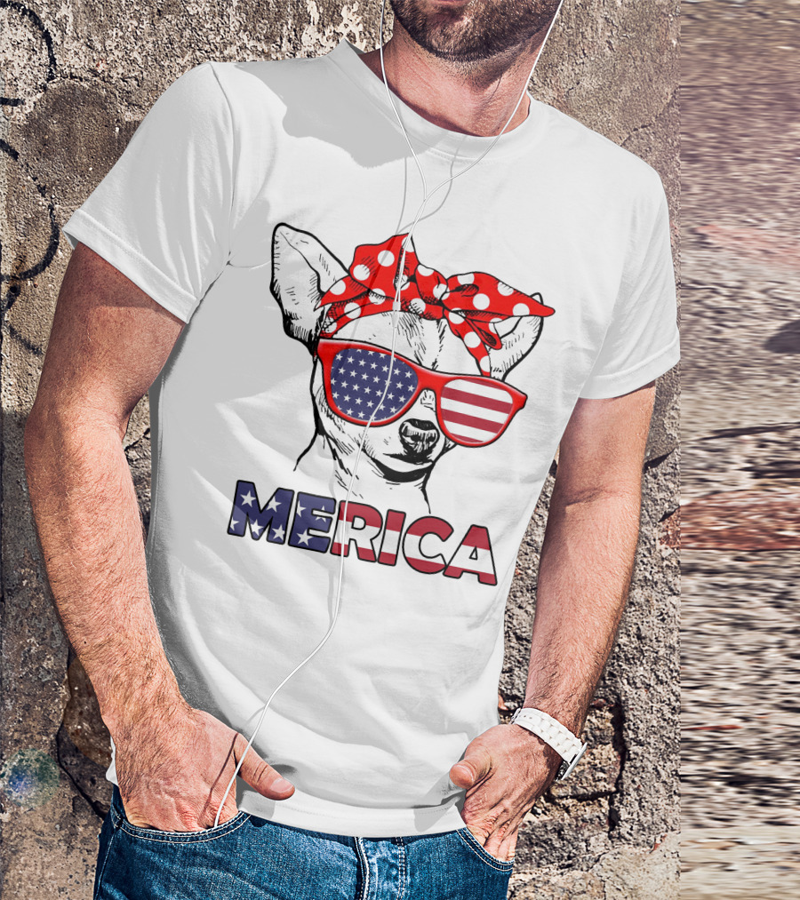 Chihuahua Merica USA Patriotic Glasses And Bandana T-Shirt