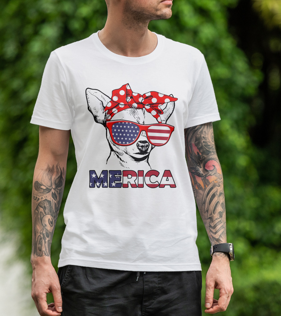 Chihuahua Merica USA Patriotic Glasses And Bandana T-Shirt