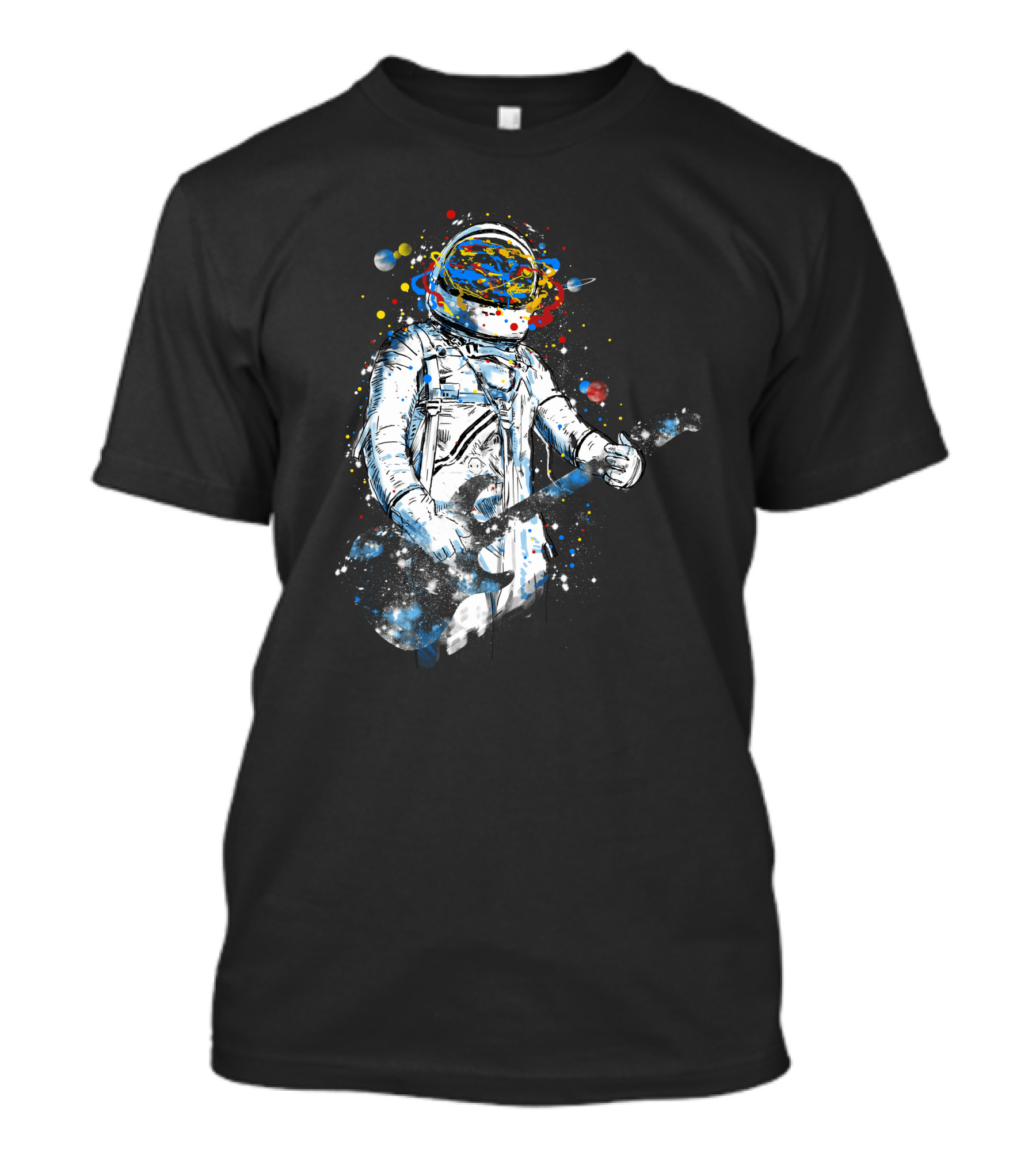 Space Guitar Astronaut Playing Cosmic Electric Guitar With Planetary Helmet And Colorful Galaxy T-Shirt