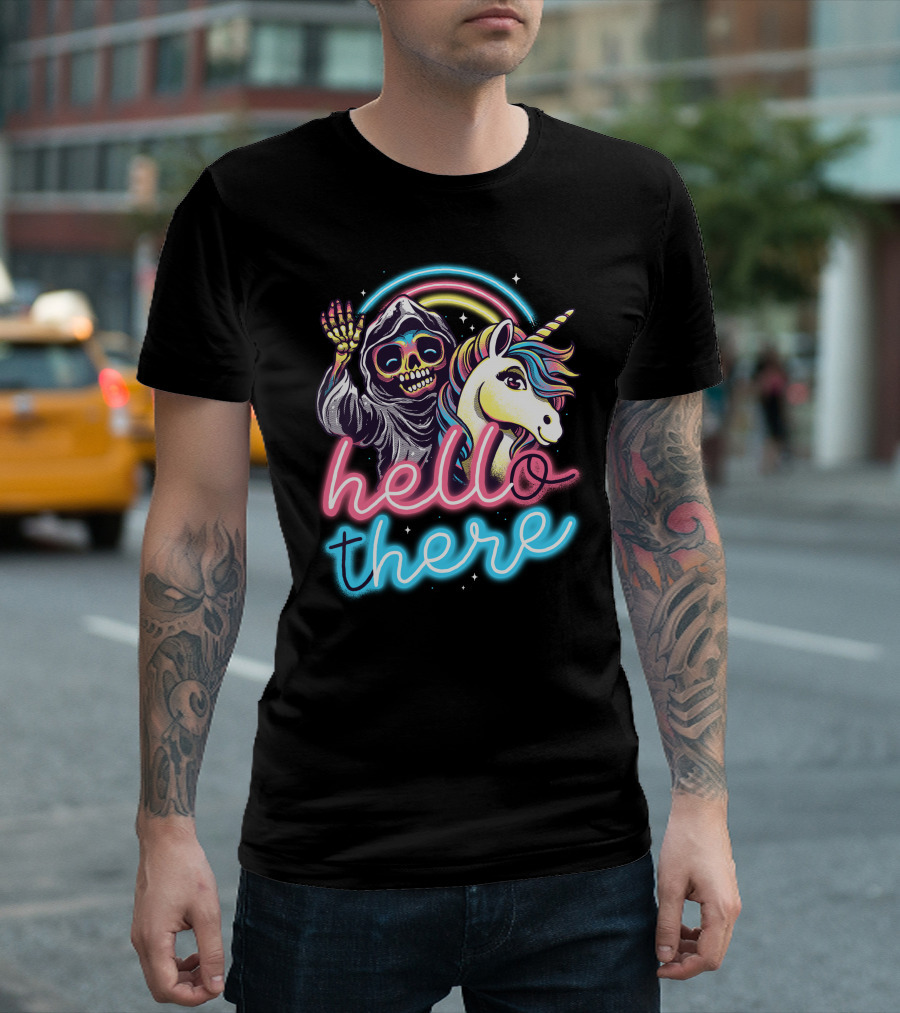 Hello There Grim Reaper and Unicorn Neon Rainbow T-Shirt