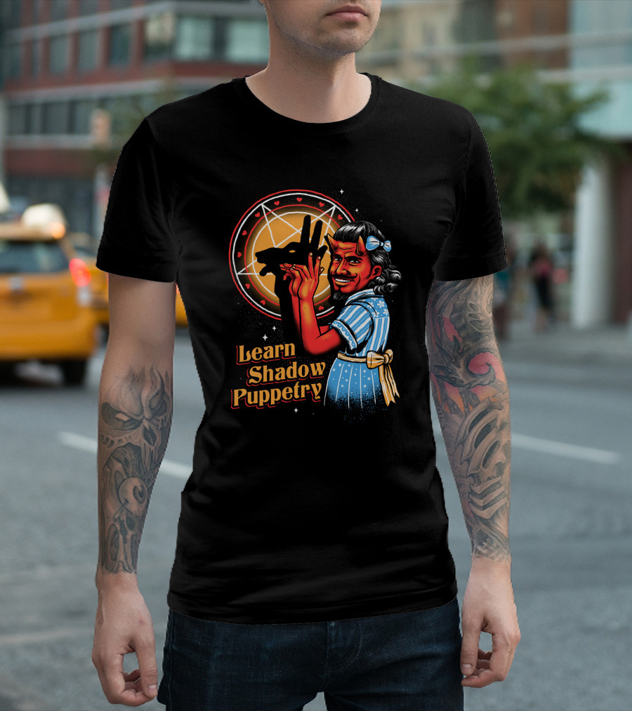 Learn Shadow Puppetry Demonic Child Pentagram Background T-Shirt