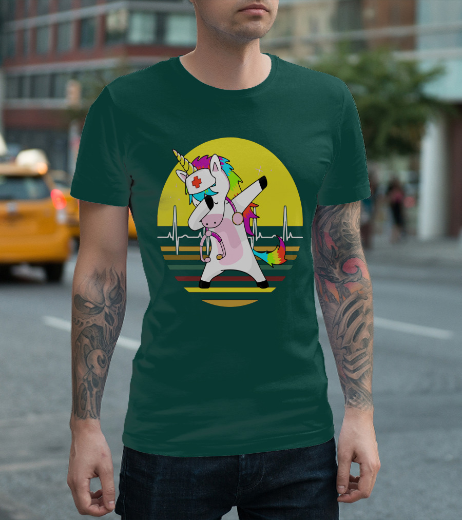 Unicorn Nurse Dabbing with Rainbow Stethoscope and Heartbeat Background T-Shirt