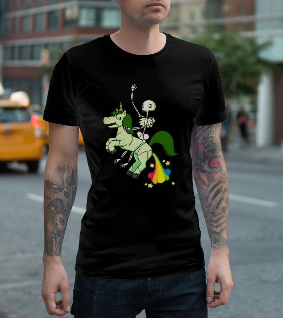 Skull Skeleton Riding Zombie Unicorn with Rainbow Tail and Green Mane T-Shirt