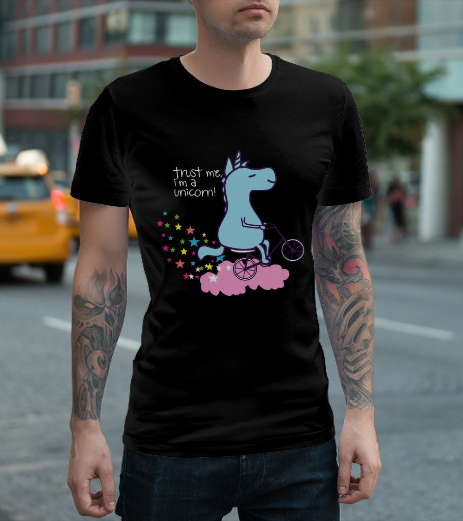trust me i'm a unicorn riding bicycle on pink cloud with colorful stars T-Shirt