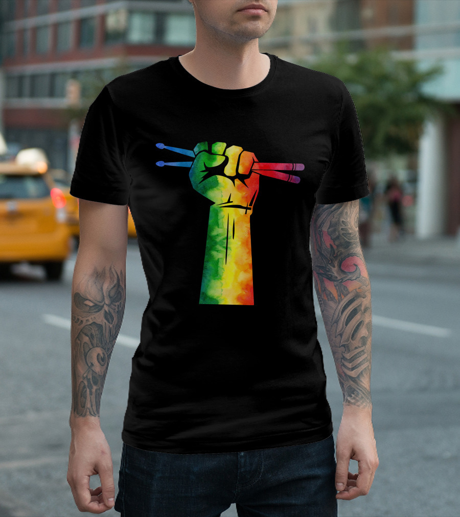 Drumstick Drummer Rainbow Fist T-Shirt