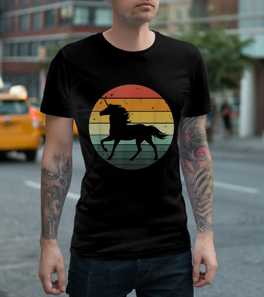 Unicorn Silhouette Against Retro 70s Sunset Stripes T-Shirt